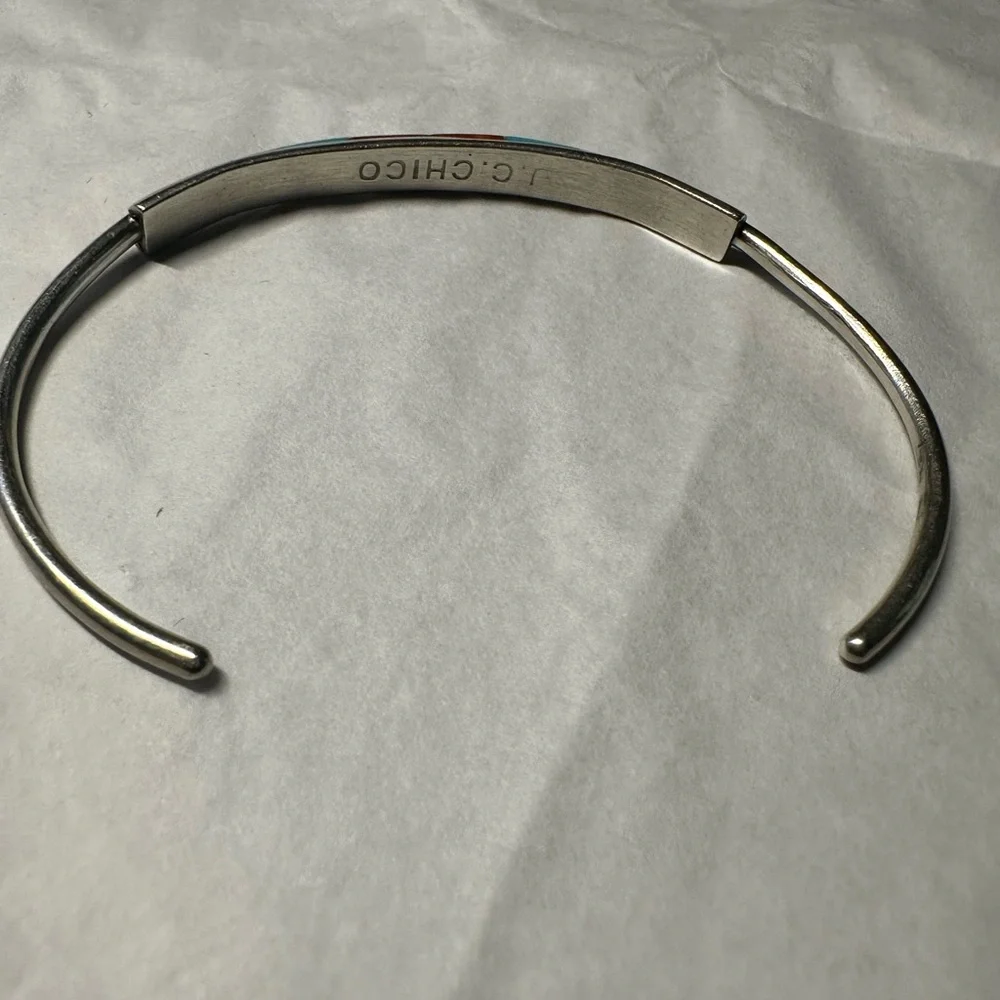 Vintage handmade Native American Zuni inlaid turquoise silver cuff bracelet - Picture 3 of 12